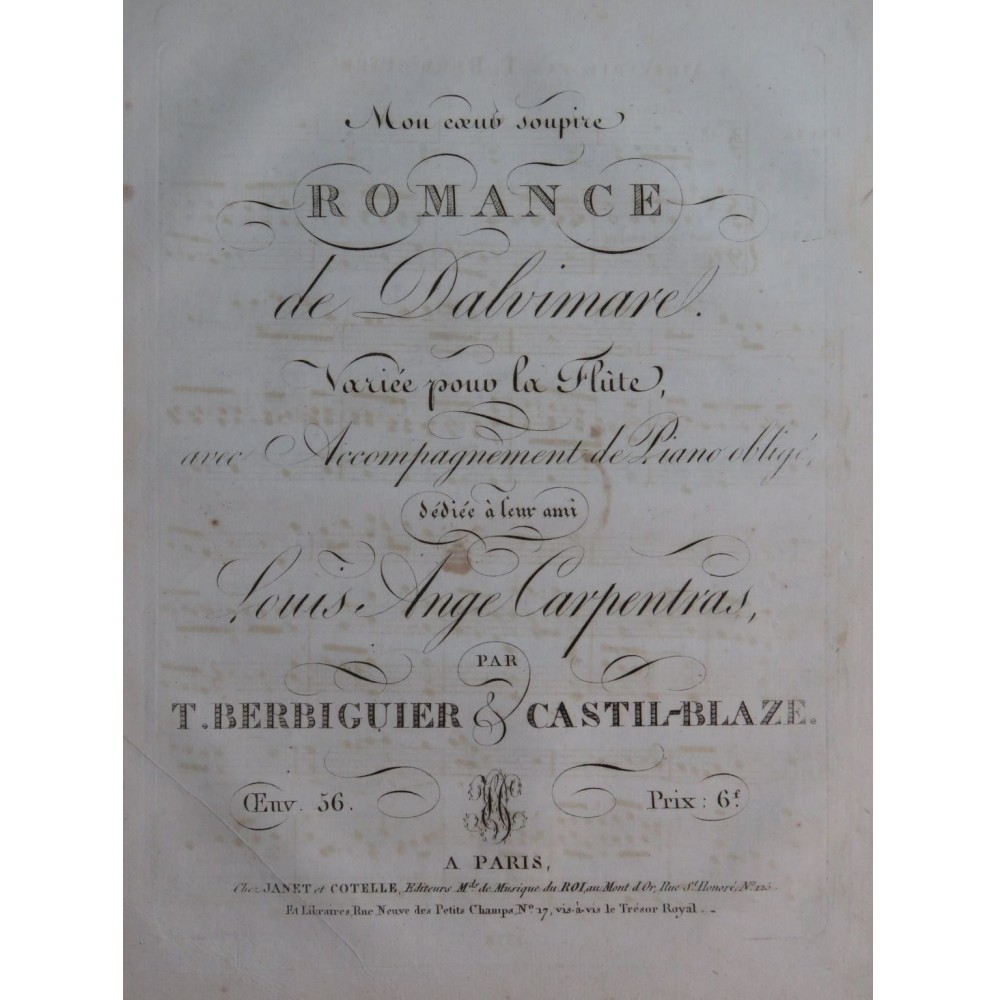 BERBIGUIER CASTIL-BLAZE Mon Coeur Soupire Piano Flûte ca1820