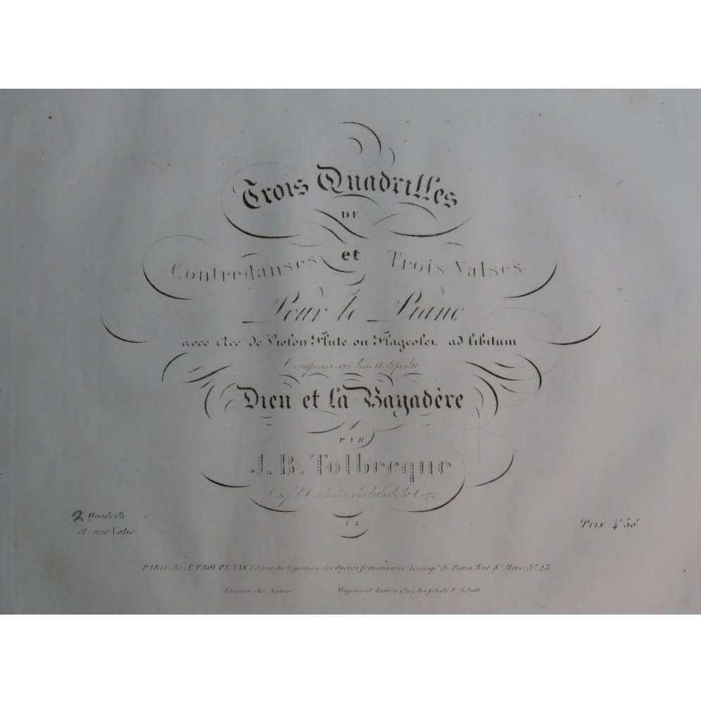TOLBECQUE J. B. Dieu et la Bayadère Quadrille No 2 Piano ca1840