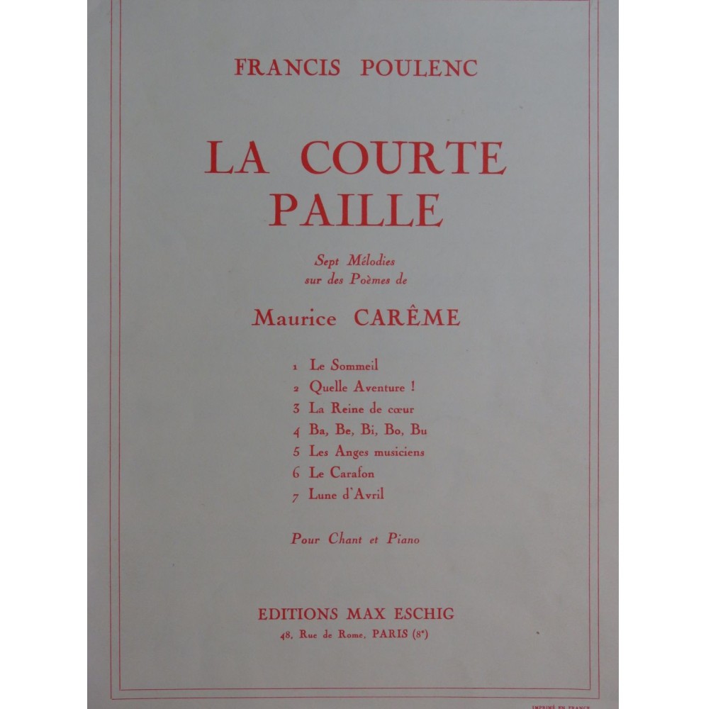 POULENC Francis La Courte Paille 7 Pièces Chant Piano 1960