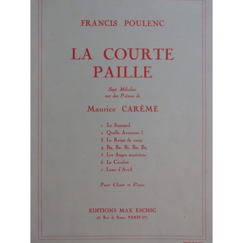 POULENC Francis La Courte Paille 7 Pièces Chant Piano 1960