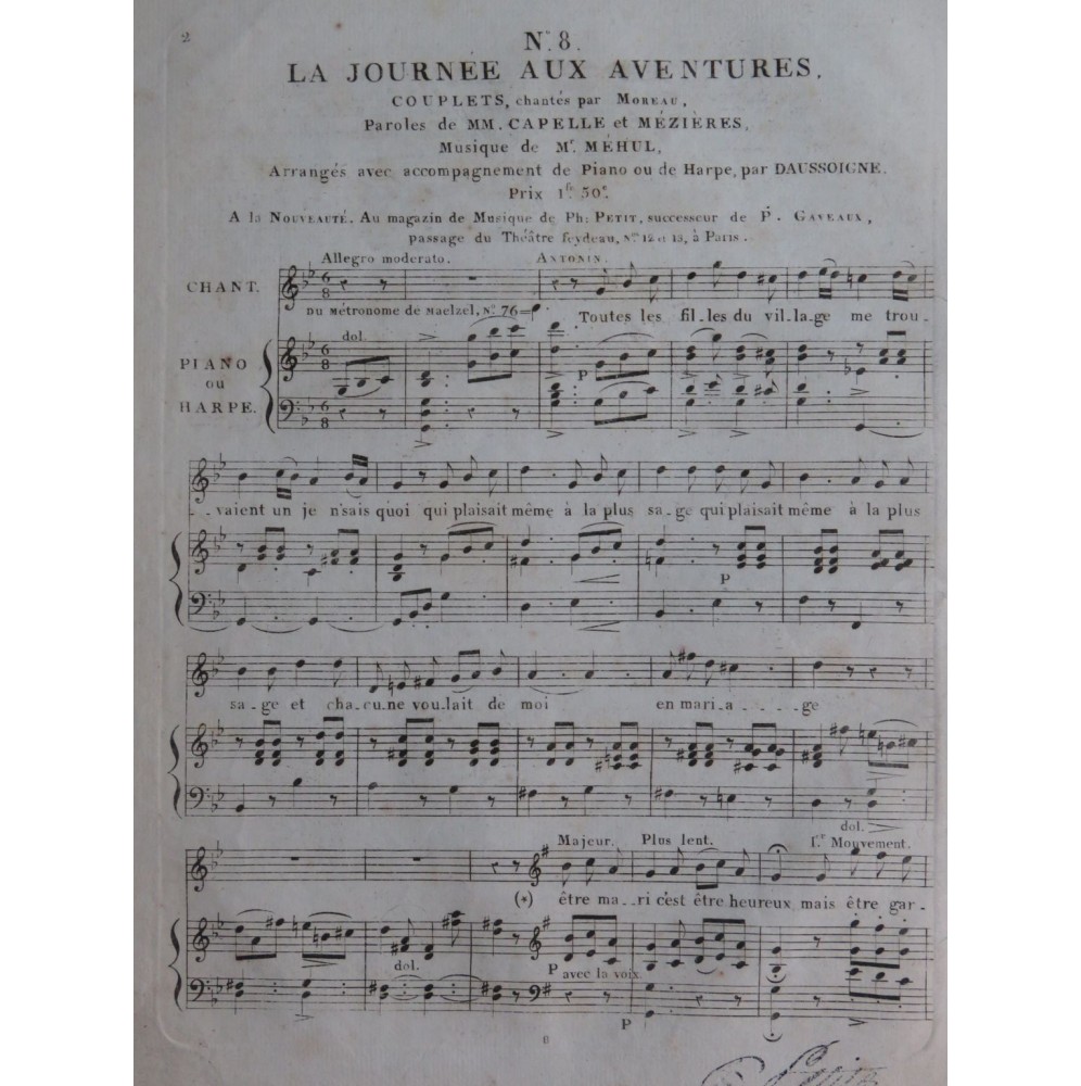 MÉHUL La Journée aux Aventures No 8 Chant Piano ou Harpe ca1820