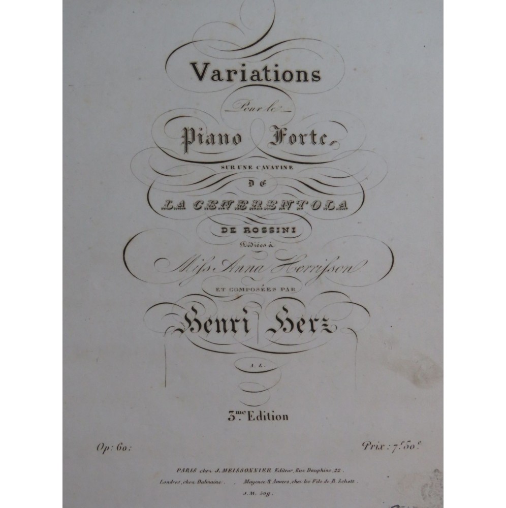 HERZ Henri Variations sur La Cenerentola Rossini Piano ca1830