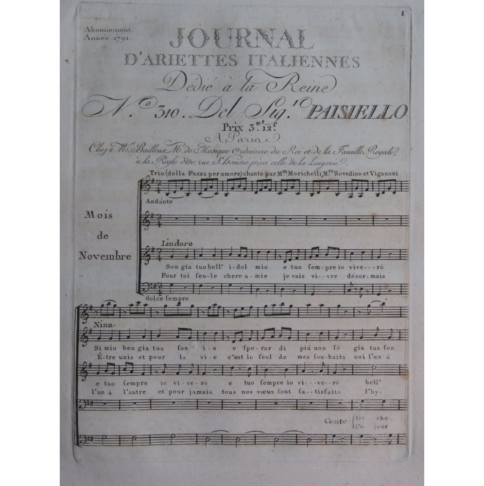 PAISIELLO Giovanni Son gia tuo bell' idole Chant Orchestre 1791