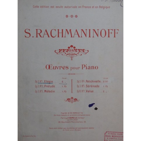 RACHMANINOFF Sergueï Elégie op 3 No 1 Piano