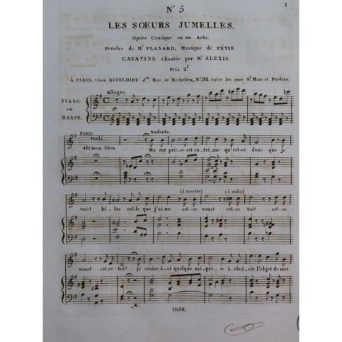 FÉTIS François-Joseph Les Soeurs Jumelles No 5 Chant Piano ou Harpe ca1825