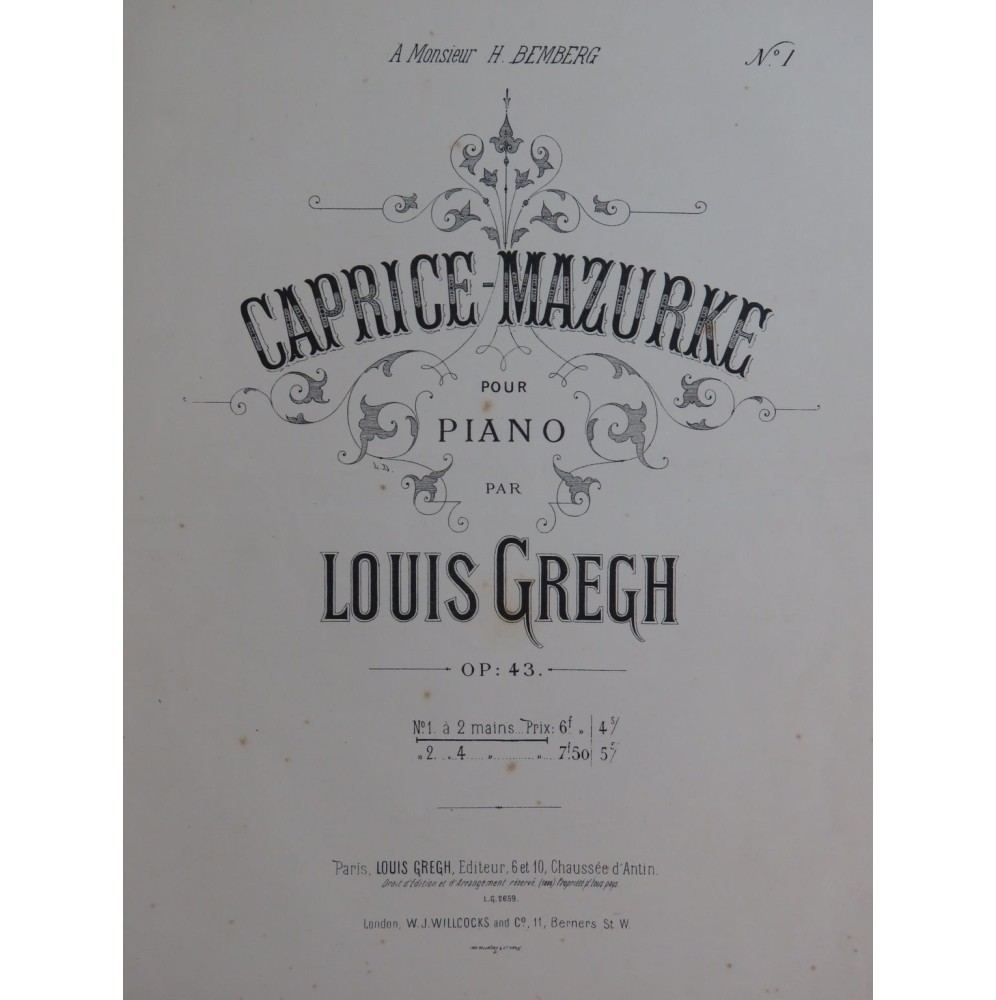 GREGH Louis Caprice Mazurke op 43 Piano ca1884