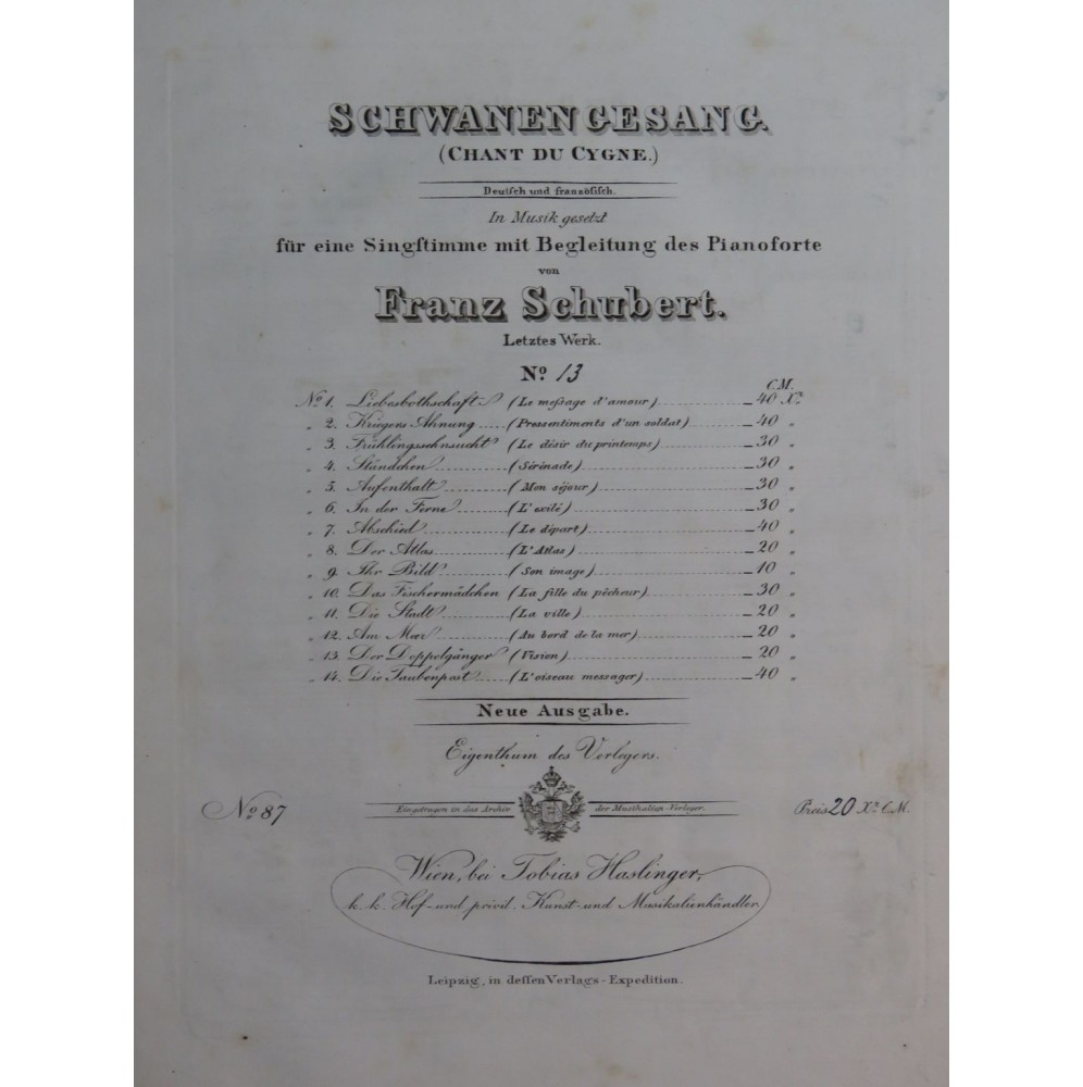 SCHUBERT Franz Der Doppelgänger Chant Piano ca1843