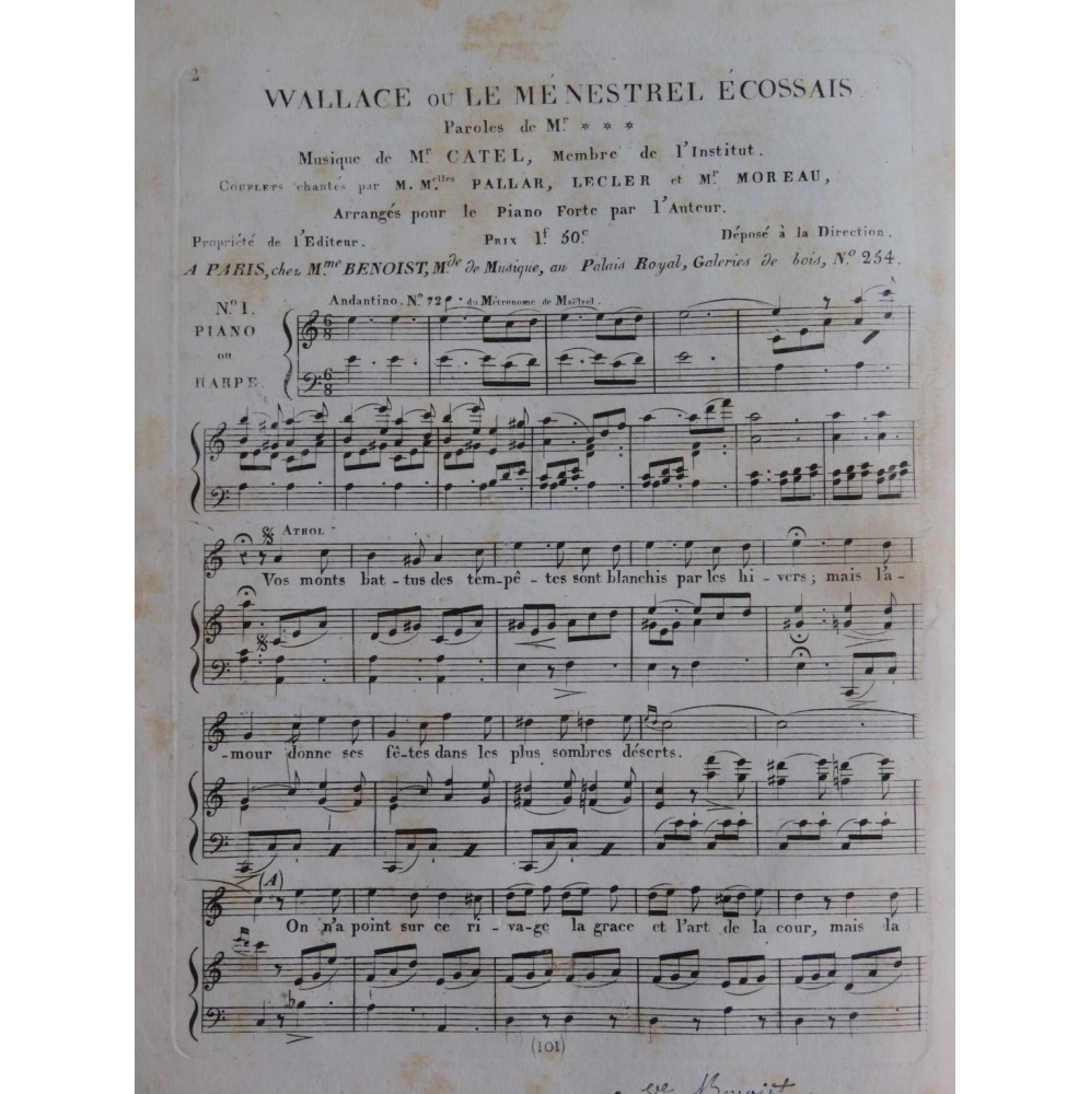 CATEL Ch. S. Wallace ou Le Ménestrel Ecossais No 1 Chant Piano ou Harpe ca1810