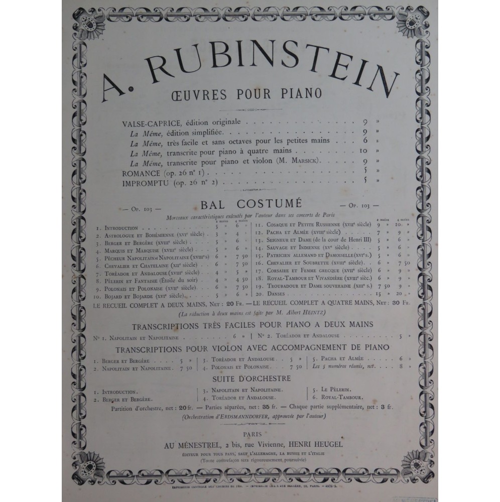 RUBINSTEIN Antoine Valse-Caprice Piano 1885