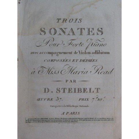 STEIBELT Daniel Trois Sonates op 37 Violon ca1810