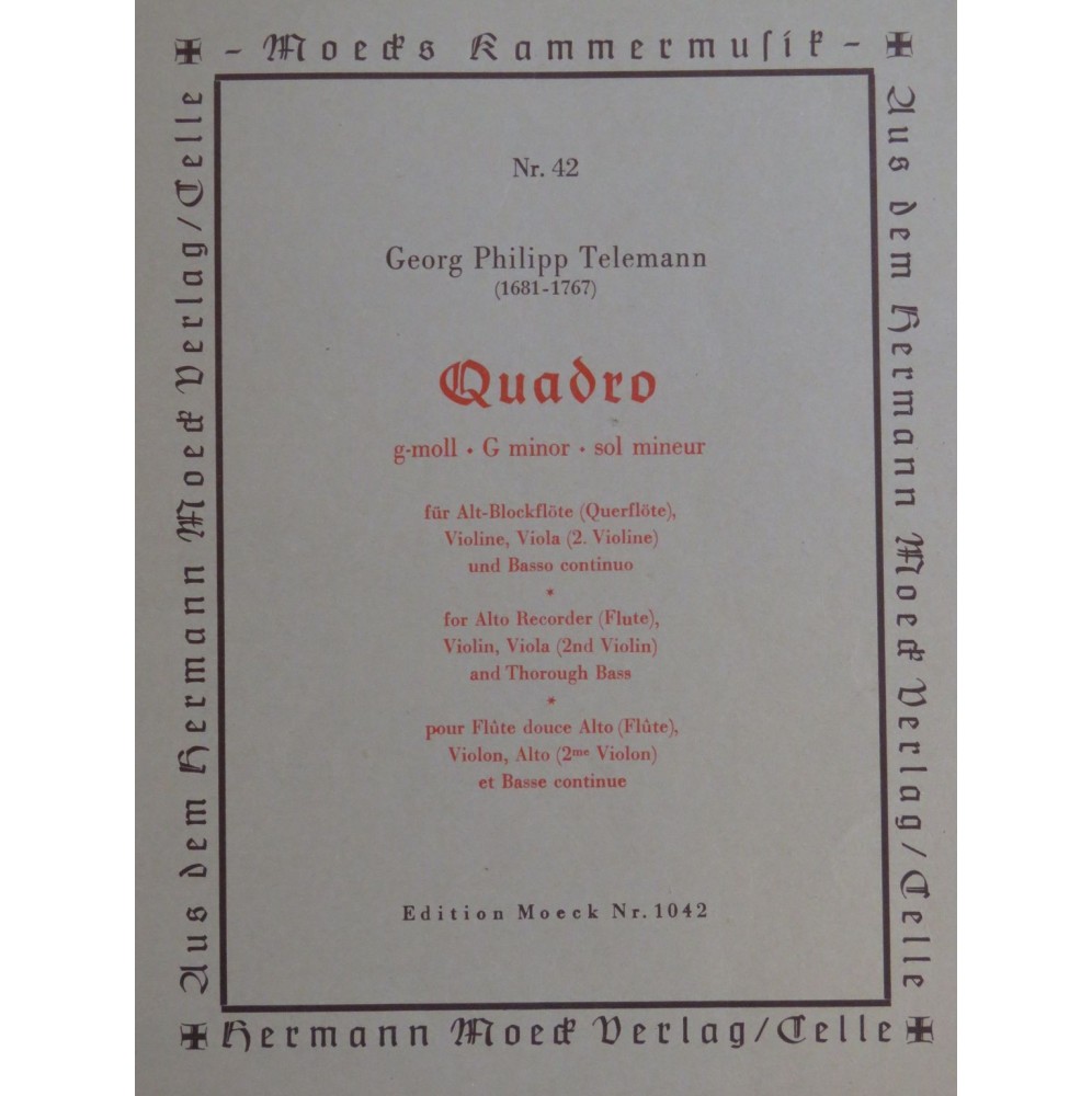 TELEMANN G. P. Quadro G moll Flûte à bec Violon Alto Violoncelle 1957