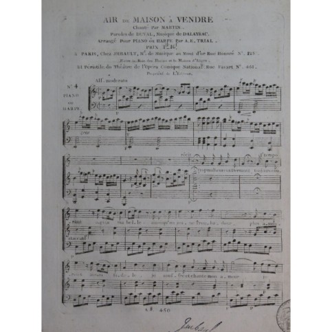 DALAYRAC Nicolas Maison à Vendre No 4 Chant Piano ou Harpe ca1800