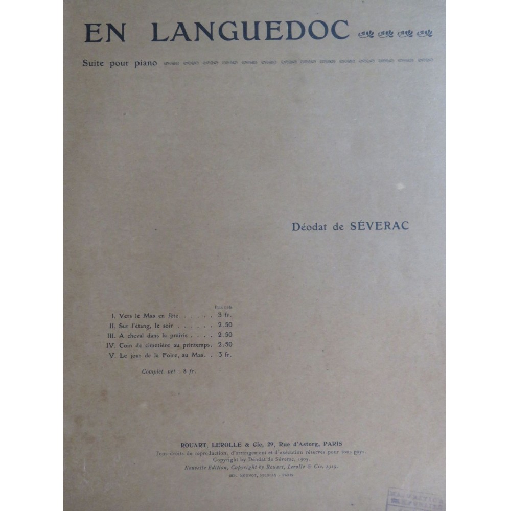 DE SEVERAC Déodat En Languedoc 5 Pièces Piano 1919
