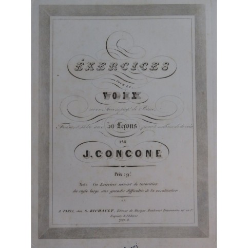 CONCONE Joseph Exercices pour la Voix Chant Piano ca1845