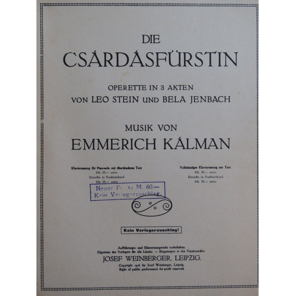 KALMAN Emmerich Die Csardasfürstin Opérette Piano 1916