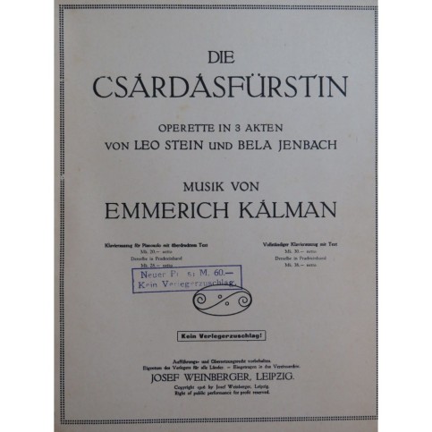 KALMAN Emmerich Die Csardasfürstin Opérette Piano 1916