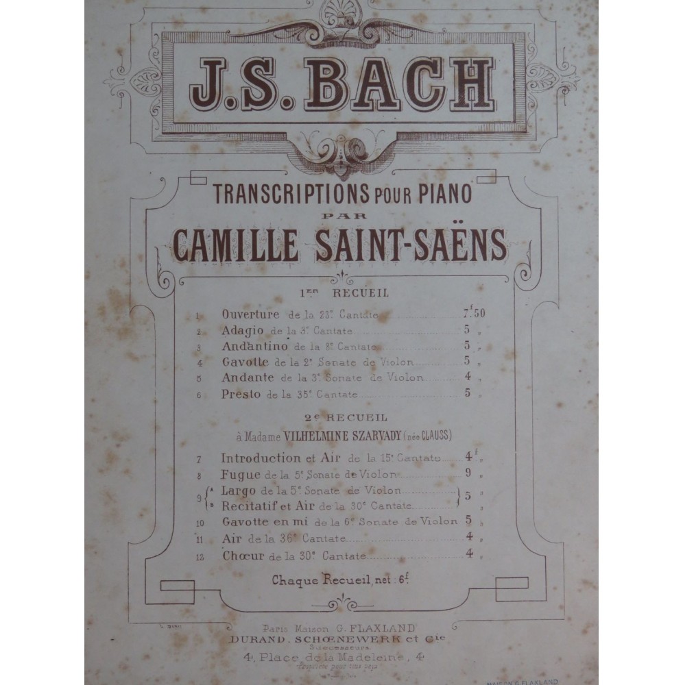 BACH J. S. Transcriptions Camille Saint-Saëns Recueil No 2 Piano XIXe