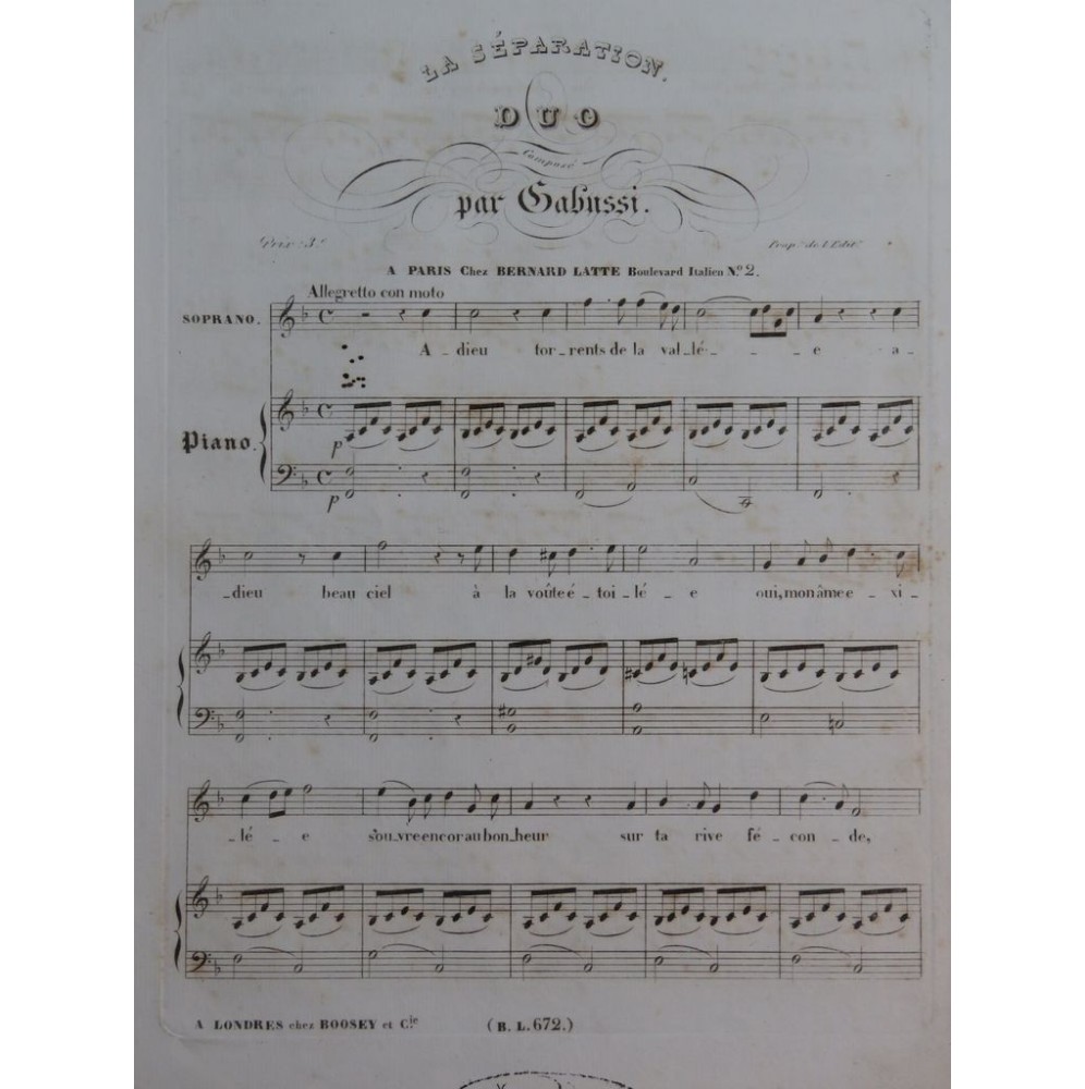 GABUSSI Vincenzo La Séparation Chant Piano ca1840