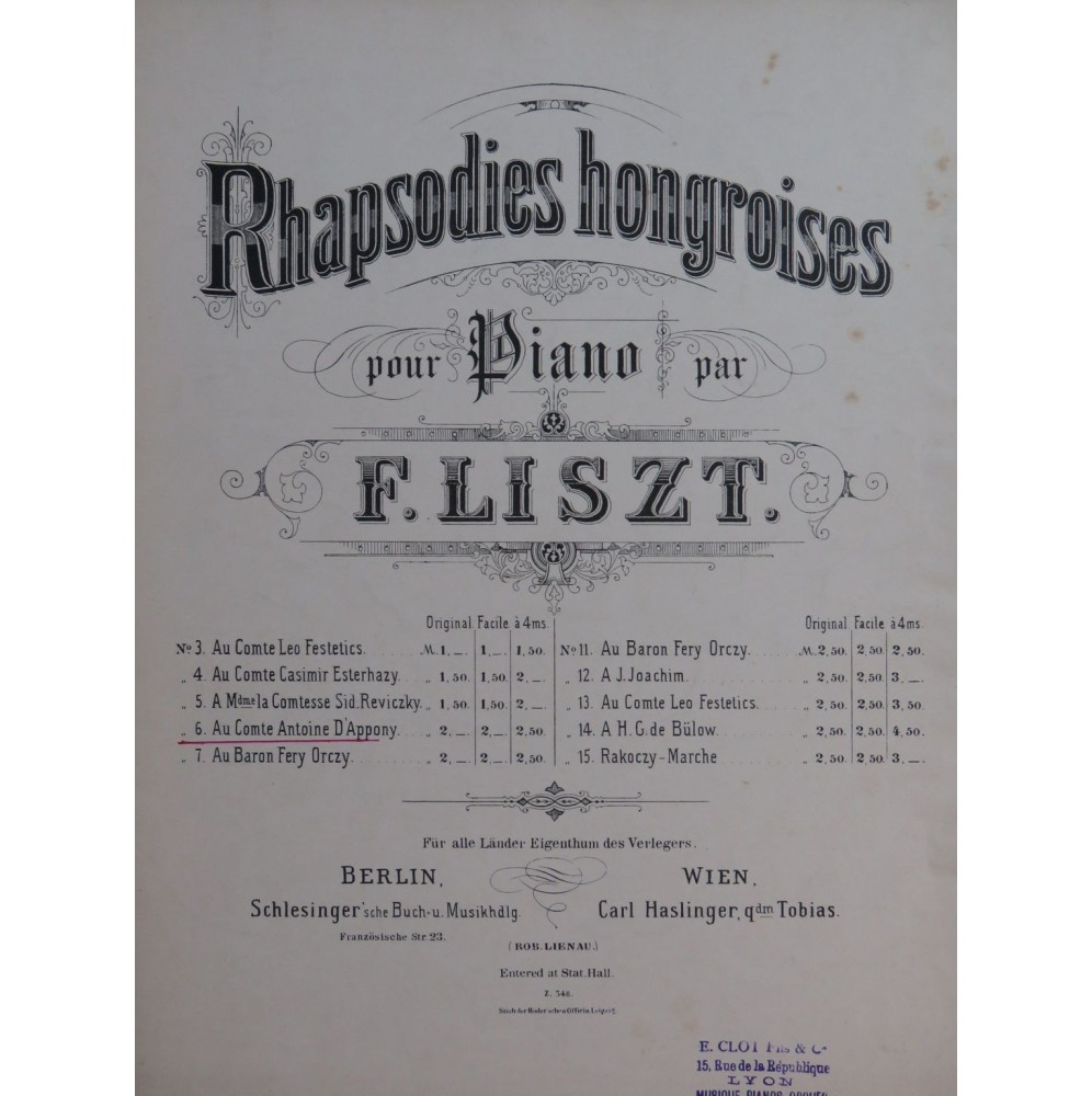 LISZT Franz Rhapsodie Hongroise No 6 Piano XIXe