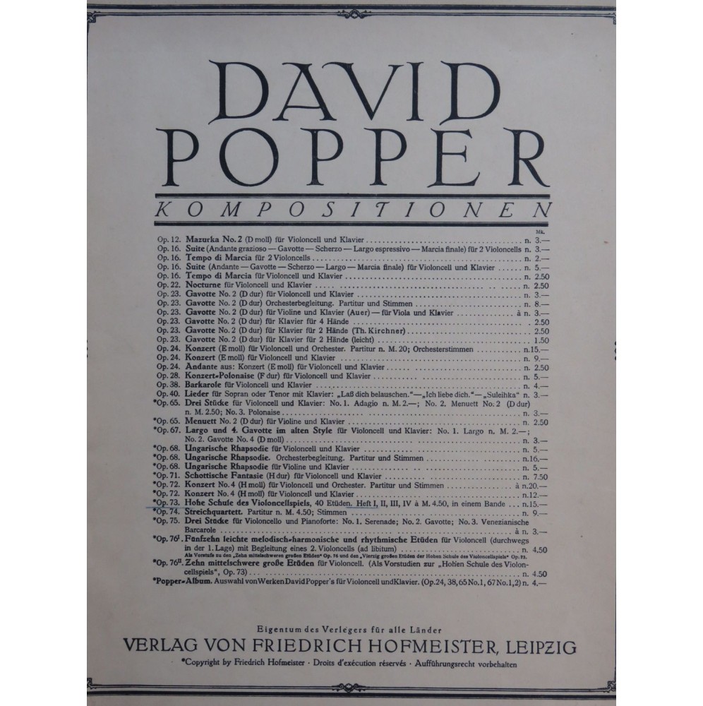 POPPER David Hohe Schule des Violoncellspiels Heft 1 Violoncelle 1901