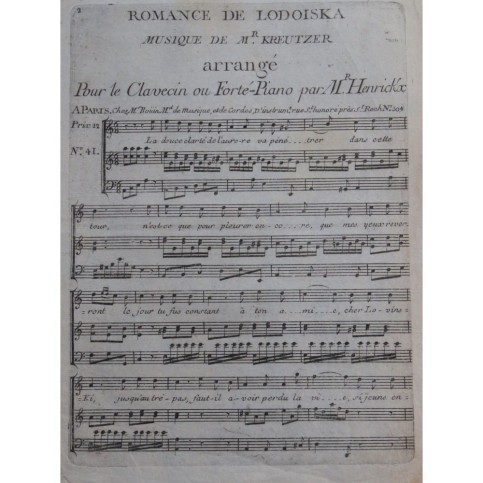 KREUTZER Rodolphe Romance de Lodoiska Chant Clavecin ou Piano ca1800