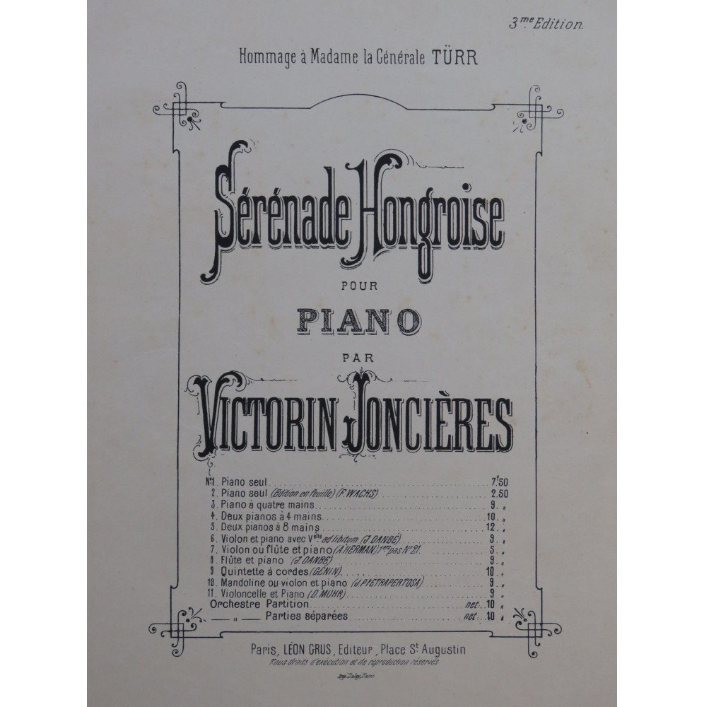 JONCIÈRES Victorin Sérénade Hongroise Piano ca1880