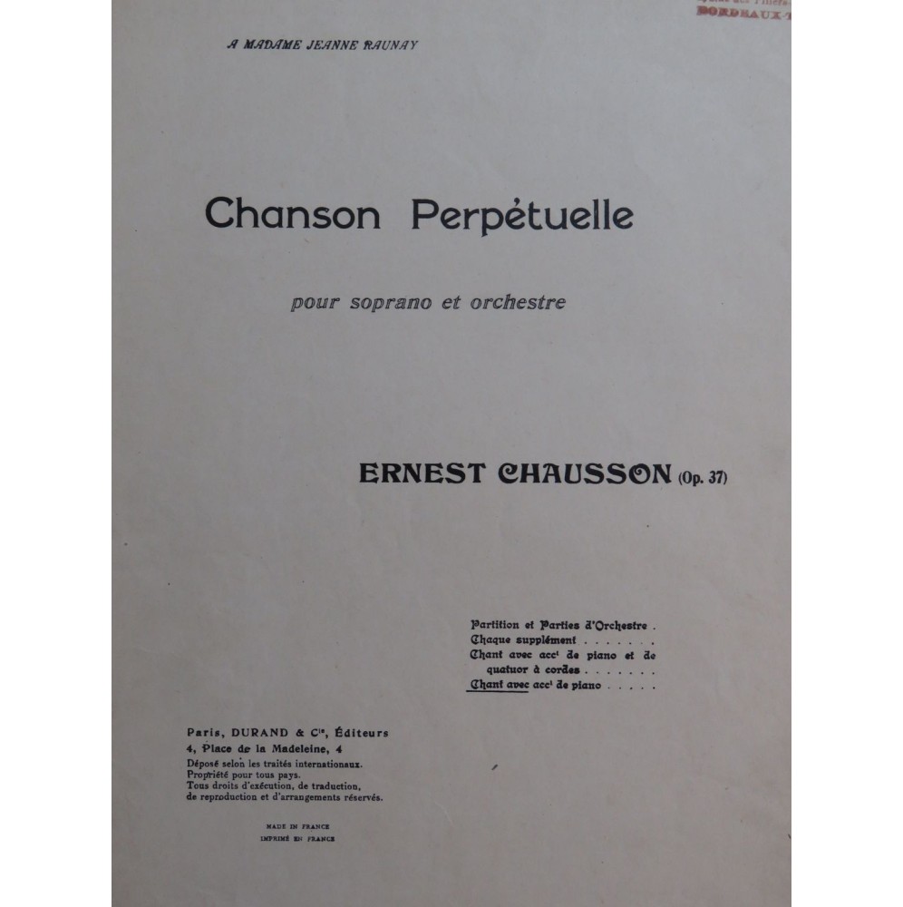CHAUSSON Ernest Chanson Perpétuelle Chant Piano 1946