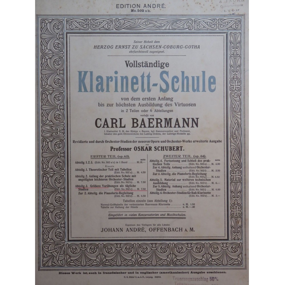 BAERMANN Carl Klarinett Schule 1ère Partie No 3 Clarinette 1917