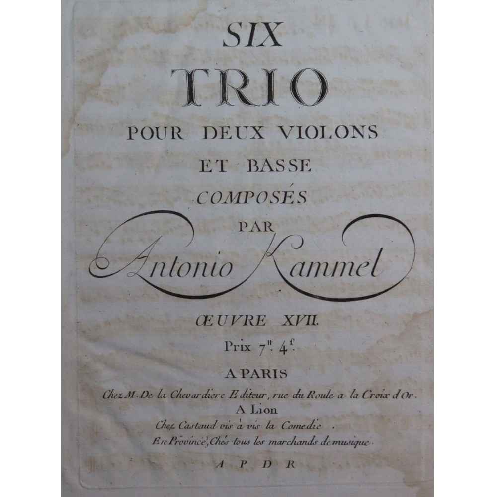 KAMMEL Antonio Six Trios op 17 Violon Basse ca1780