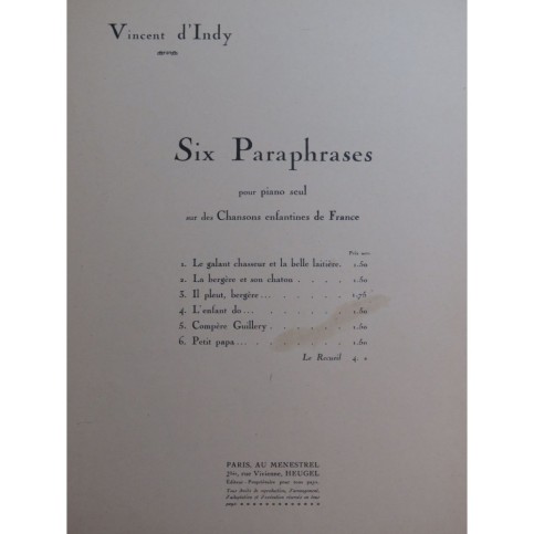 D'INDY Vincent Six Paragraphes No 6 Petit Papa Piano 1929