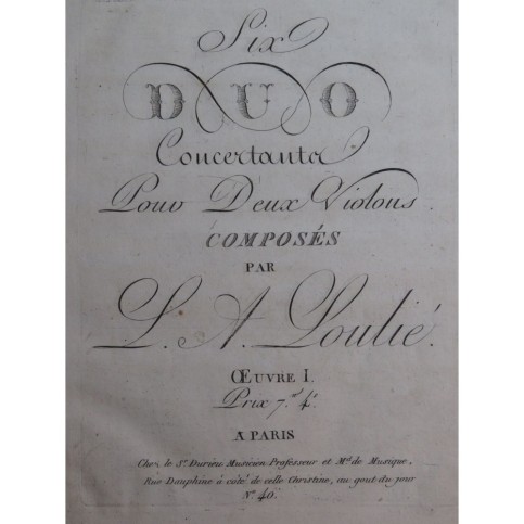 LOULIÉ L. A. Six Duo Concertants op 1 2e Violon ca1800