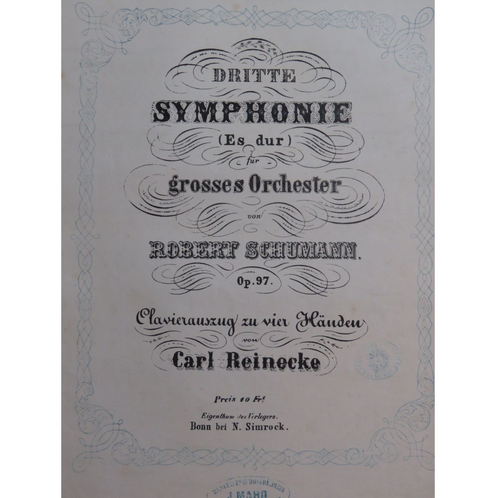SCHUMANN Robert Symphonie No 3 op 97 Piano 4 mains ca1851