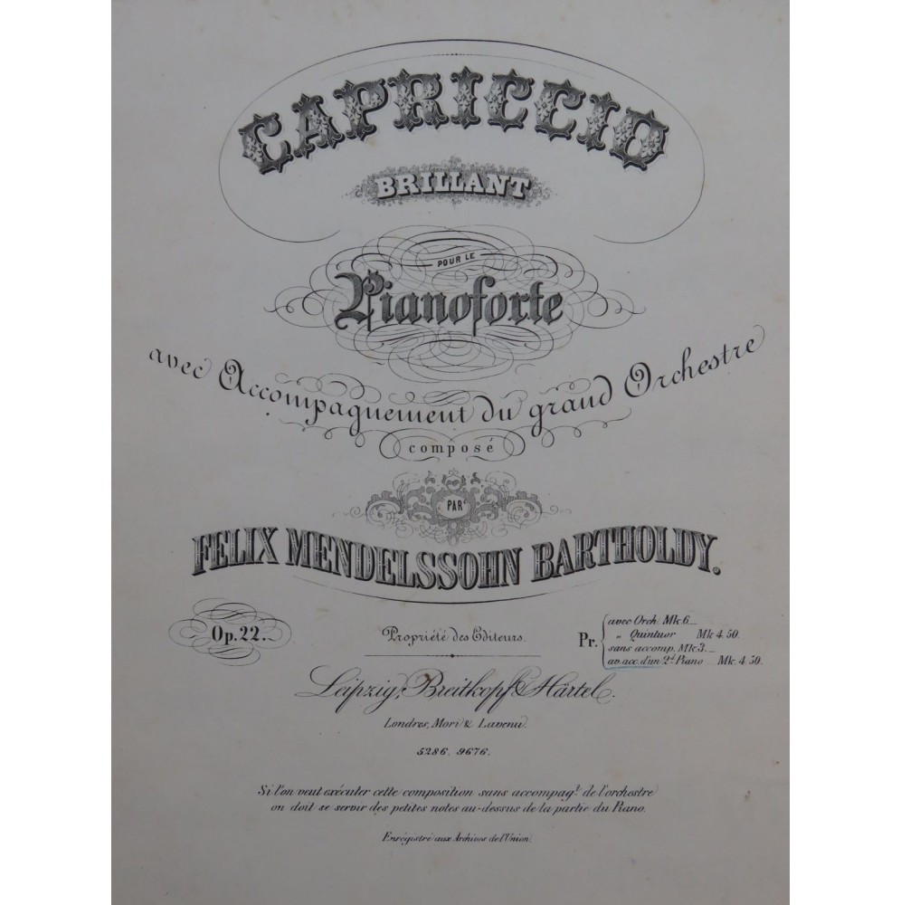 MENDELSSOHN Capriccio Brillant op 22 Piano ca1850