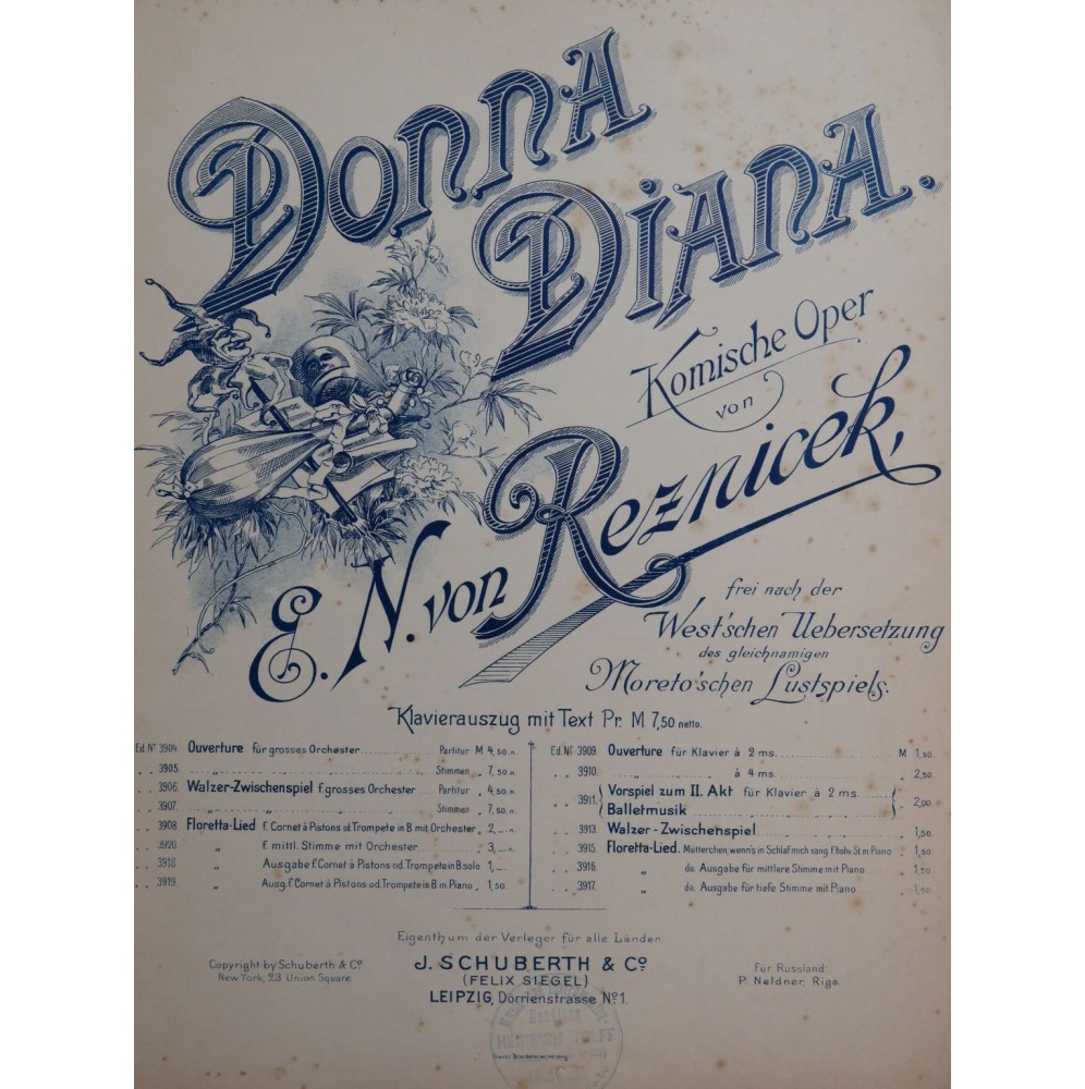 REZNICEK Emil Von Donna Diana Opéra Chant Piano 1895