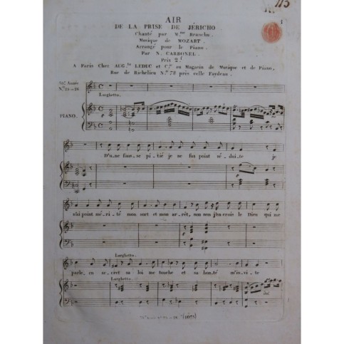 MOZART W. A. Prise de Jéricho Air Chant Piano ca1820