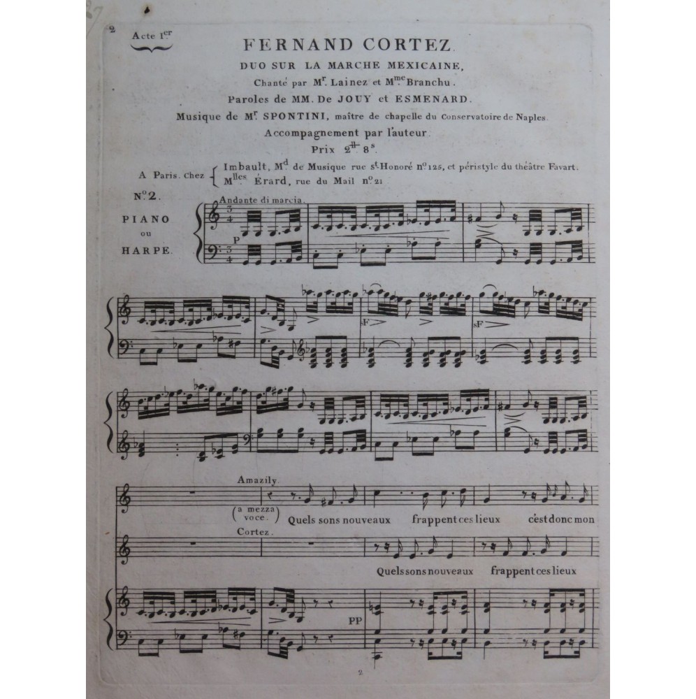 SPONTINI Gaspare Fernand Cortez No 2 Duo Chant Piano ou Harpe ca1810