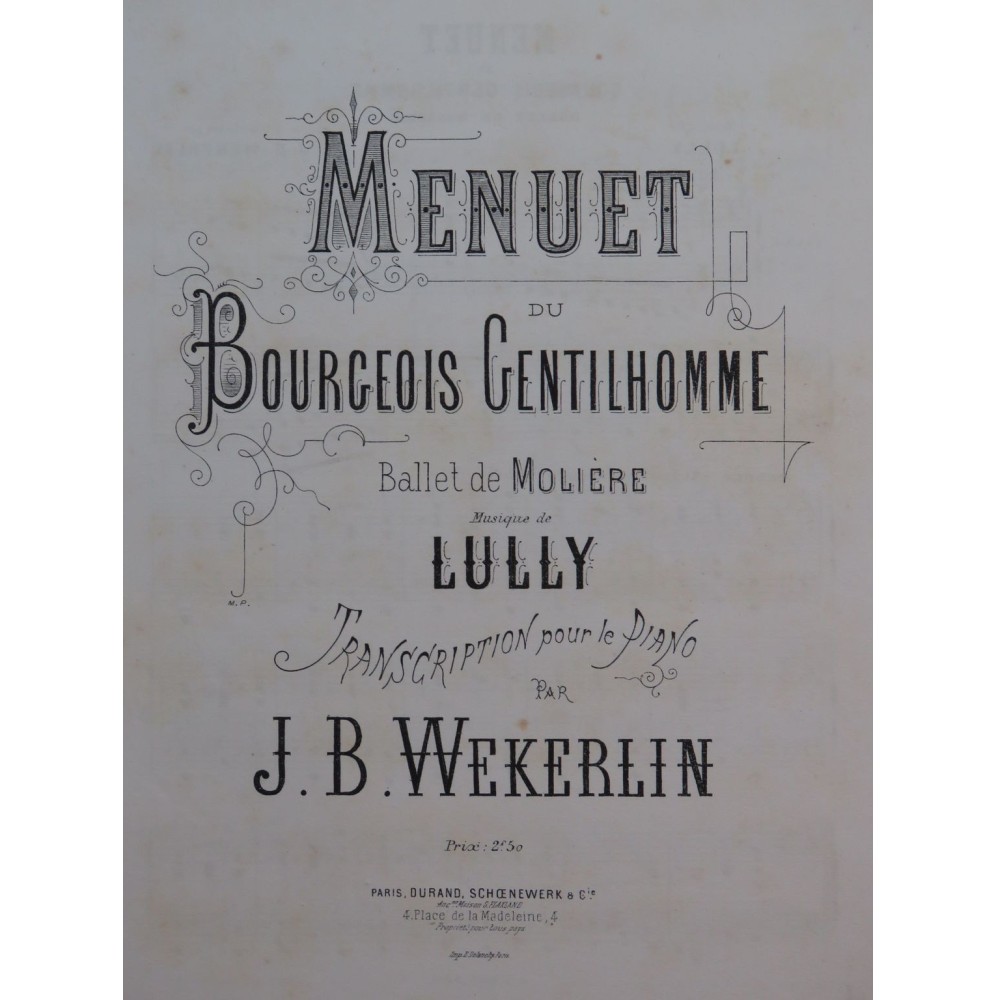 LULLY Jean-Baptiste Menuet du Bourgeois Gentilhomme Piano ca1880