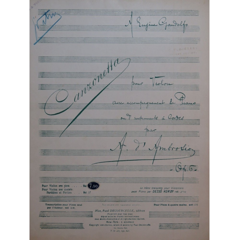 D'AMBROSIO Alfredo Canzonetta Piano Violon 1907