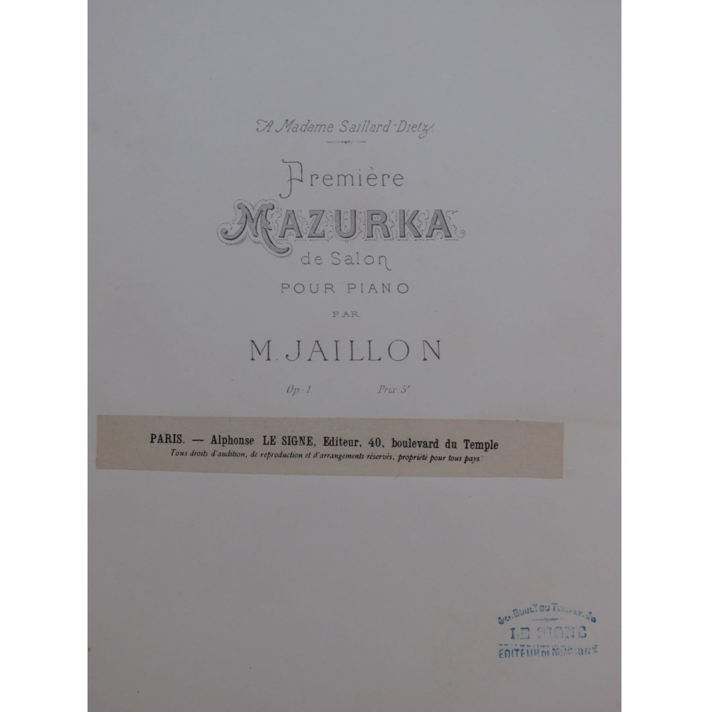 JAILLON M. Première Mazurka de Salon Piano