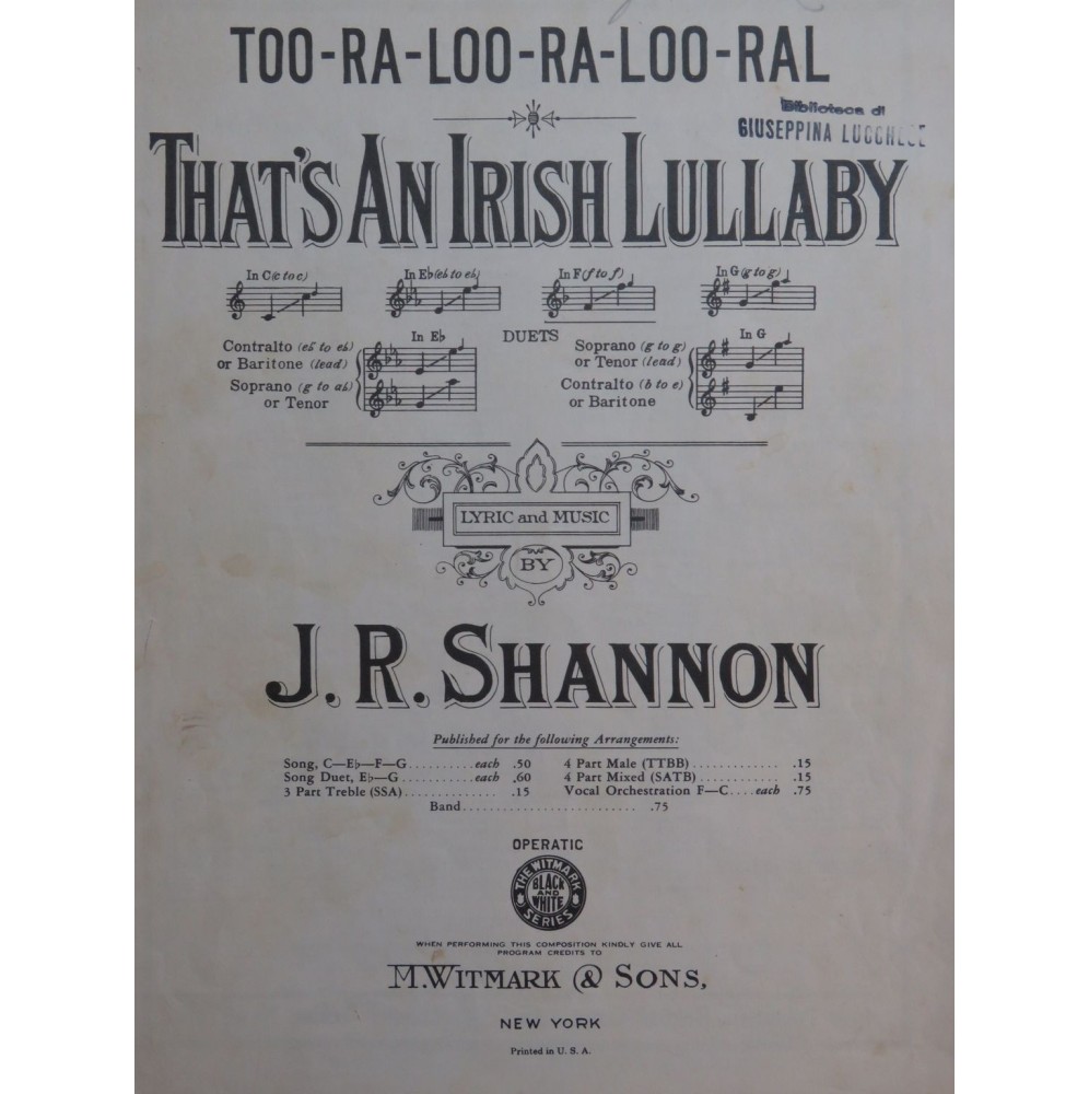 SHANNON J. R. That's An Irish Lullaby Chant Piano ca1915