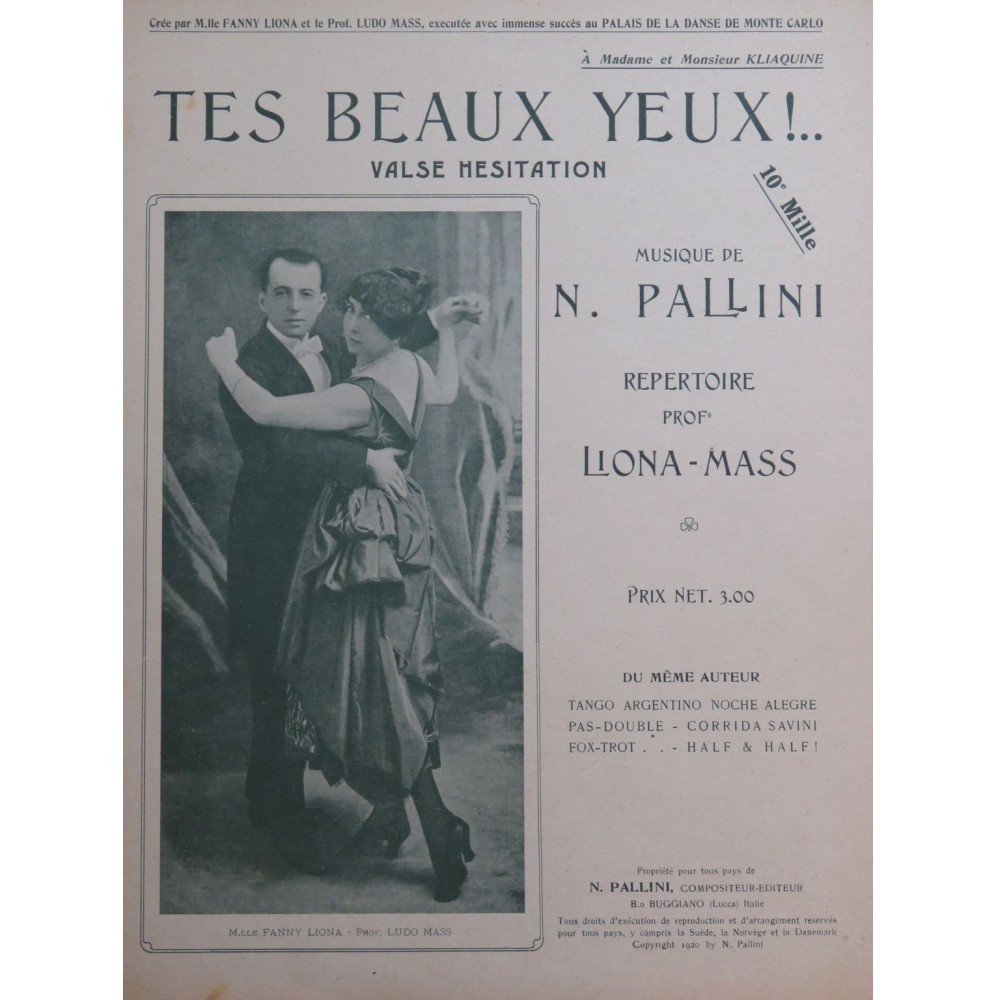 PALLINI N. Tes Beaux Yeux Piano 1920