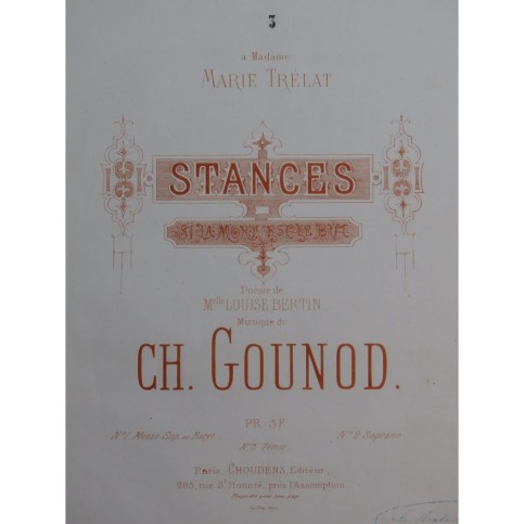 GOUNOD Charles Stances Chant Piano ca1867