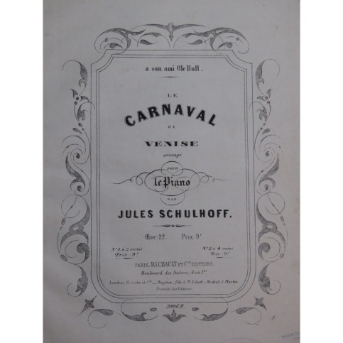 SCHULHOFF Jules Carnaval de Venise Piano ca1850