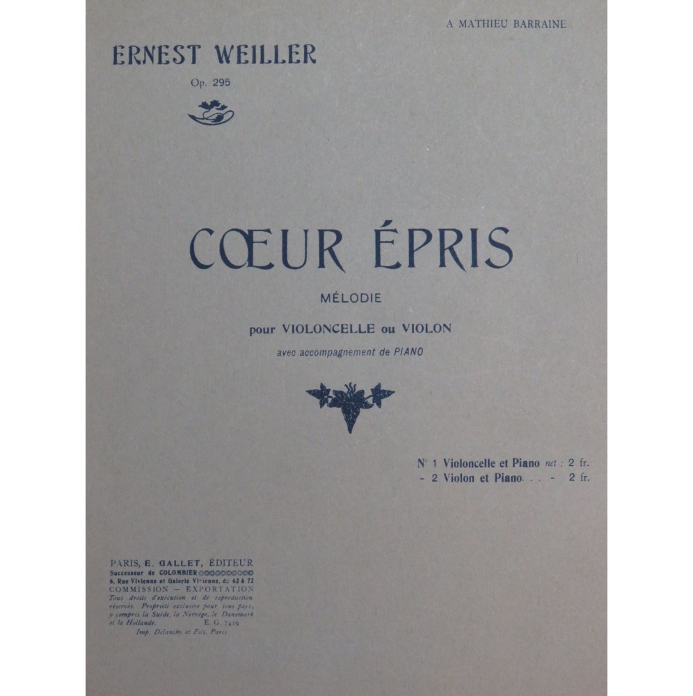 WEILLER Ernest Coeur Épris Piano Violon ca1910