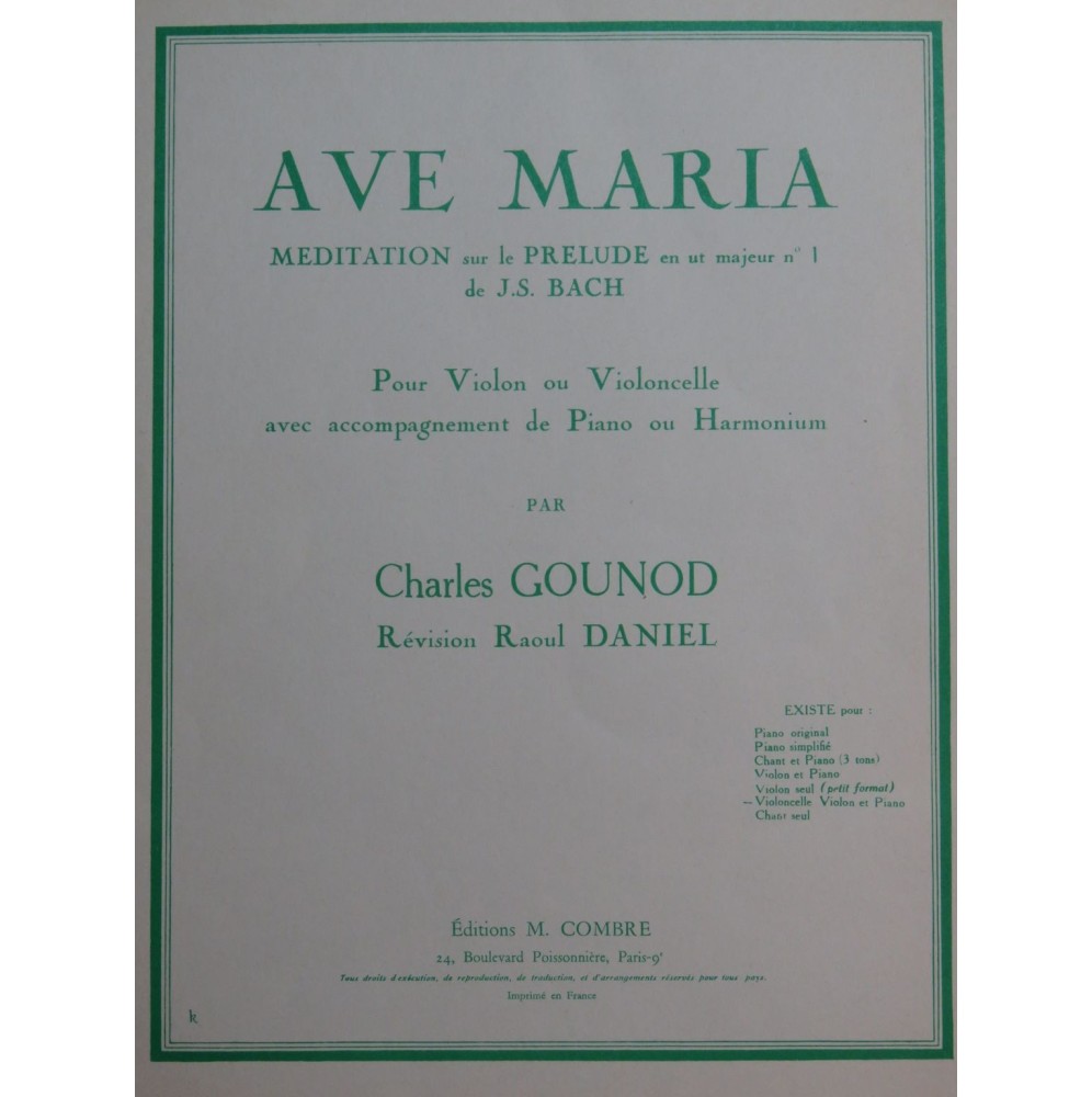 GOUNOD Charles Ave Maria Piano ou Harmonium Violon ou Violoncelle