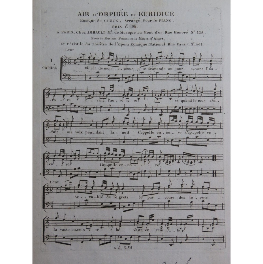 GLUCK C. W. Orphée et Euridice No 1 Air Chant Piano ca1800