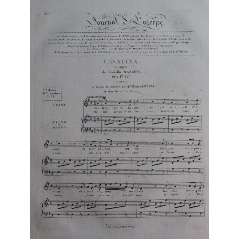 MAZZONI Camillo Cavatina Chant Piano ou Harpe ca1815