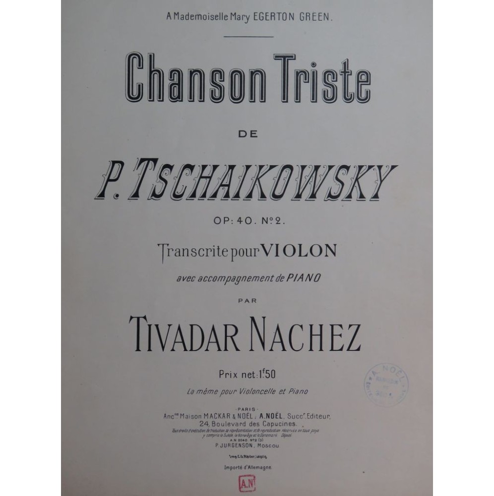 TSCHAIKOWSKY P. I. Chanson Triste op 40 No 2 Piano Violon