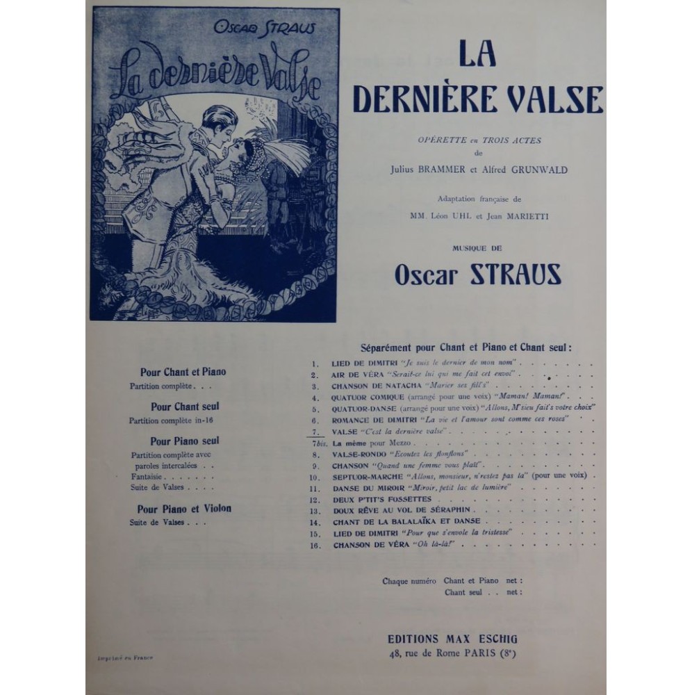STRAUS Oscar C'est la Dernière Valse Chant Piano 1926