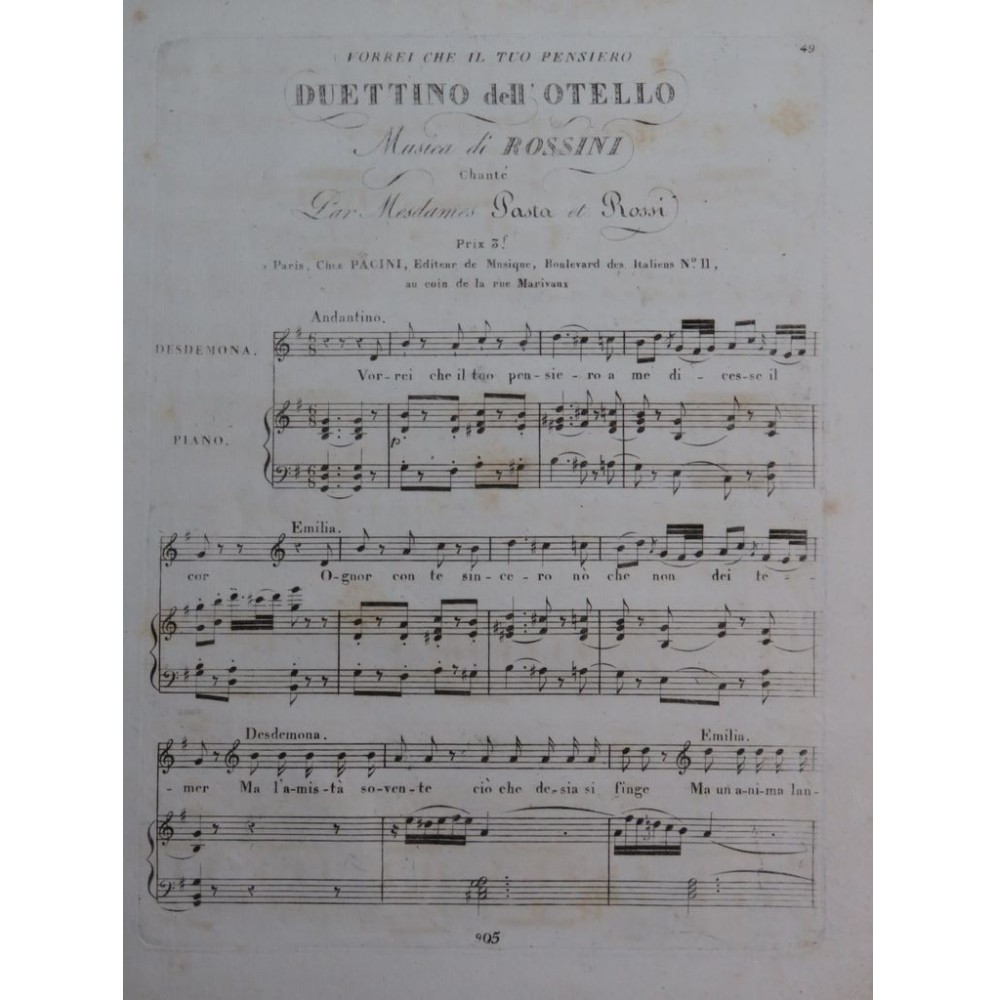 ROSSINI G. Otello Duettino Chant Piano ca1820